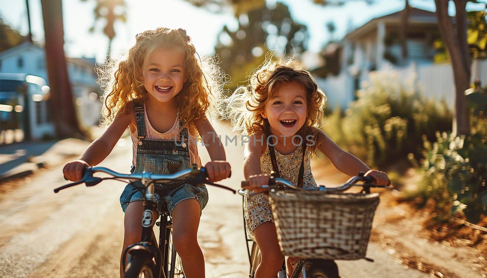 Two Children Riding Bicycle on Way to School. back View of kids Commuting to School on Bicycle along Suburban Bikeway in Morning, summer light active