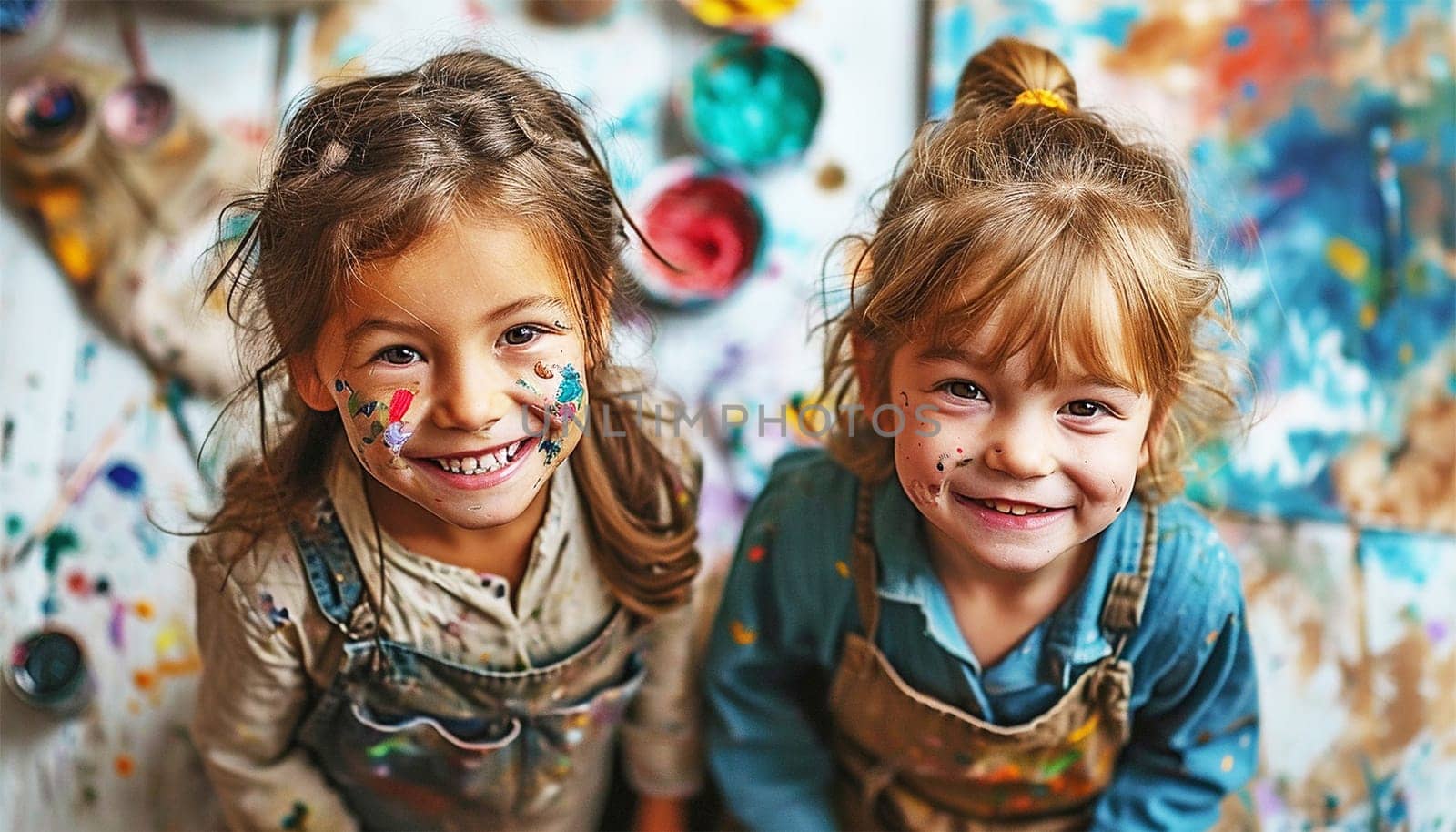 Little Caucasian siblings drawing together in living room at home. Happy girl and her sister or friend painting with crayons. Art and crafts for toddler and preschooler having fun. Creative kids concept cute