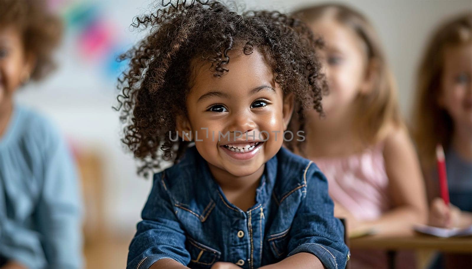 Portrait of cheerful smiling diverse schoolchildren standing posing in classroom holding notebooks and backpacks looking at camera happy after school reopen. Diversity. Back to school concept. Mixed race, multiracial daycare kids education happy