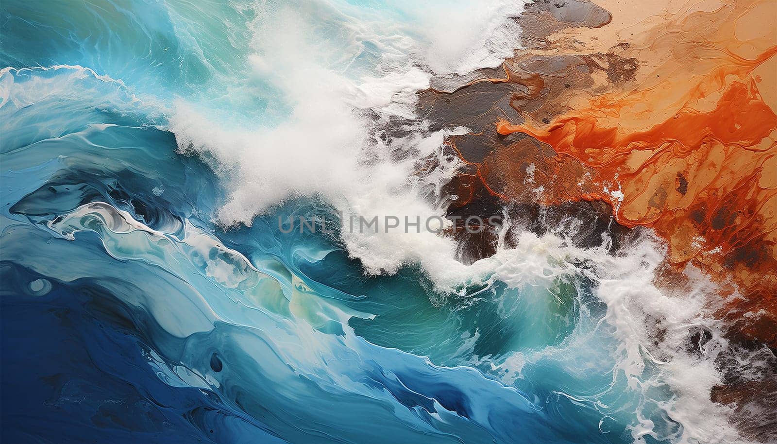 Overhead photo of crashing waves on the shoreline beach. Tropical beach surf. Abstract aerial ocean view abstract colorful background colorful