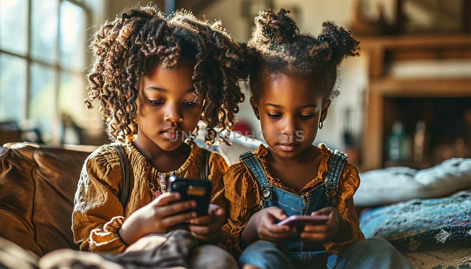 Children gadget addiction two happy laughing African American little girls sisters browsing mobile phone watching cartoons online without parental control at home couch kids siblings using smartphone and having fun portrait