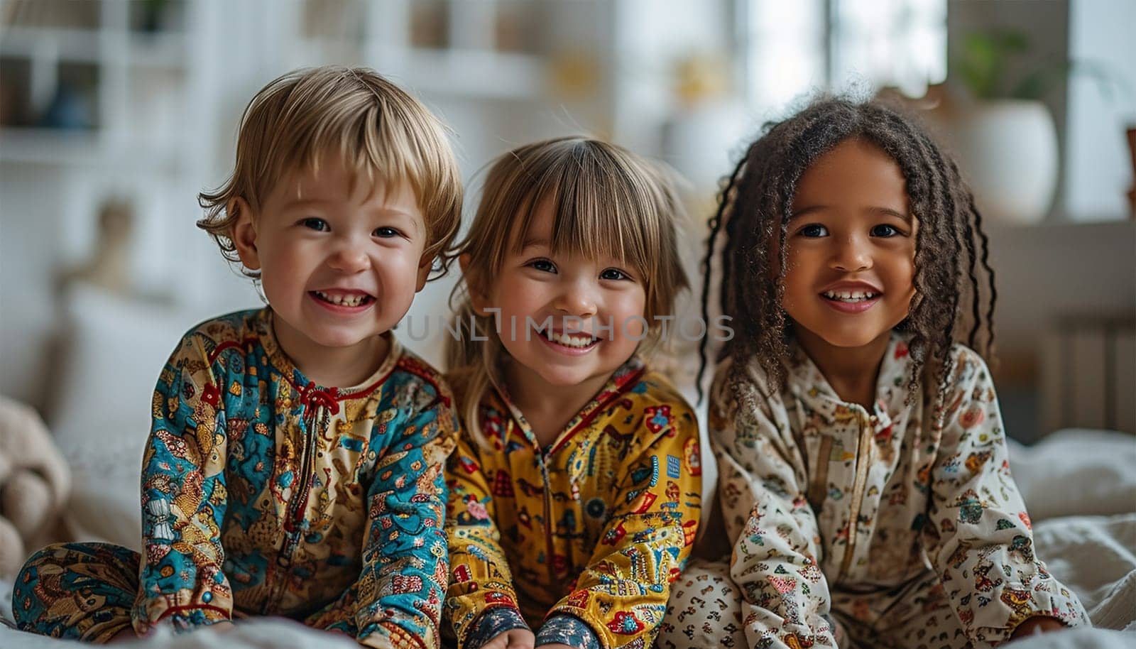 Children's pajama party. Multiracial kids in colorful pajamas having fun on slumber party. Cute friends children playful together happy