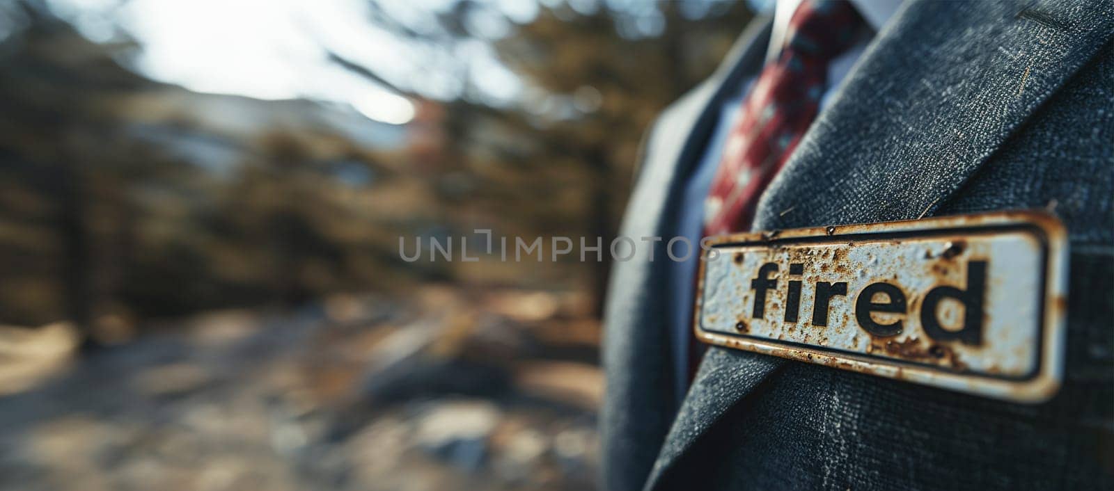 Sad depressed businessman with fired sign. Dismissal, employee replacement. Unhappy man dismissed from job, leave. Unemployed jobless benefit. Unemployment dismissal of workers. Layoff, crisis, employee job reduction unhappy
