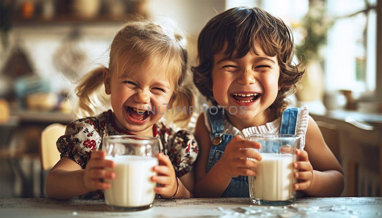 Snack Time. Happy multiracial Siblings Girls Having Lunch Together, drinking milk In Glasses On Table At Home. Preteen Kids Enjoying Healthy Snacks. Nutrition Concept mixed race healthy