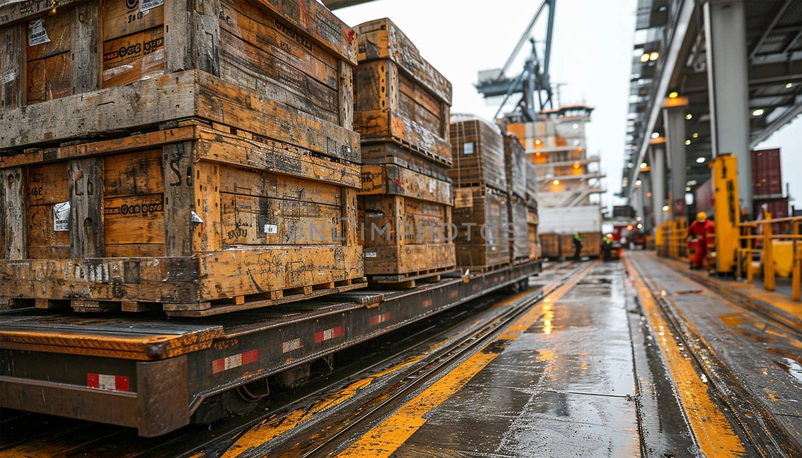 Stacked of Package Boxes on Pallets Loading with Shipping Cargo Container. Truck Parked Loading at Dock Warehouse. Delivery. Supply Chain. Warehouse Logistics. Cargo Freight Truck Transportation. transport