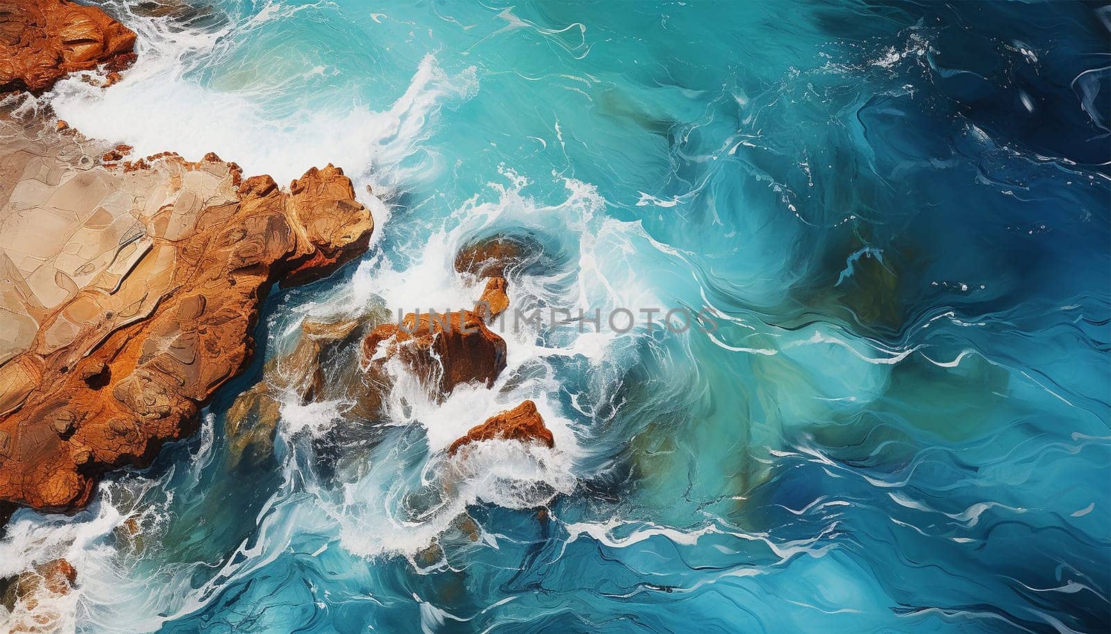 Overhead photo of crashing waves on the shoreline beach. Tropical beach surf. Abstract aerial ocean view abstract colorful background colorful
