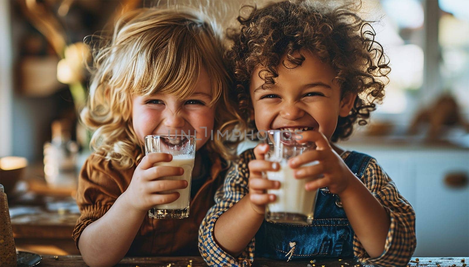 Snack Time. Happy multiracial Siblings Girls Having Lunch Together, drinking milk In Glasses On Table At Home. Preteen Kids Enjoying Healthy Snacks. Nutrition Concept mixed race healthy
