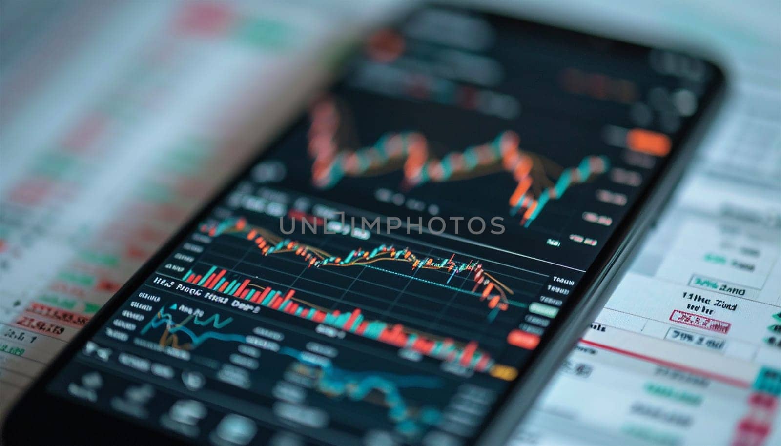 Realistic smartphone mockup. 3d candlestick chart of stock sale and buy. Market investment, online trade on mobile phone. transparent shadow, blur effect. Business application interface design. Close up