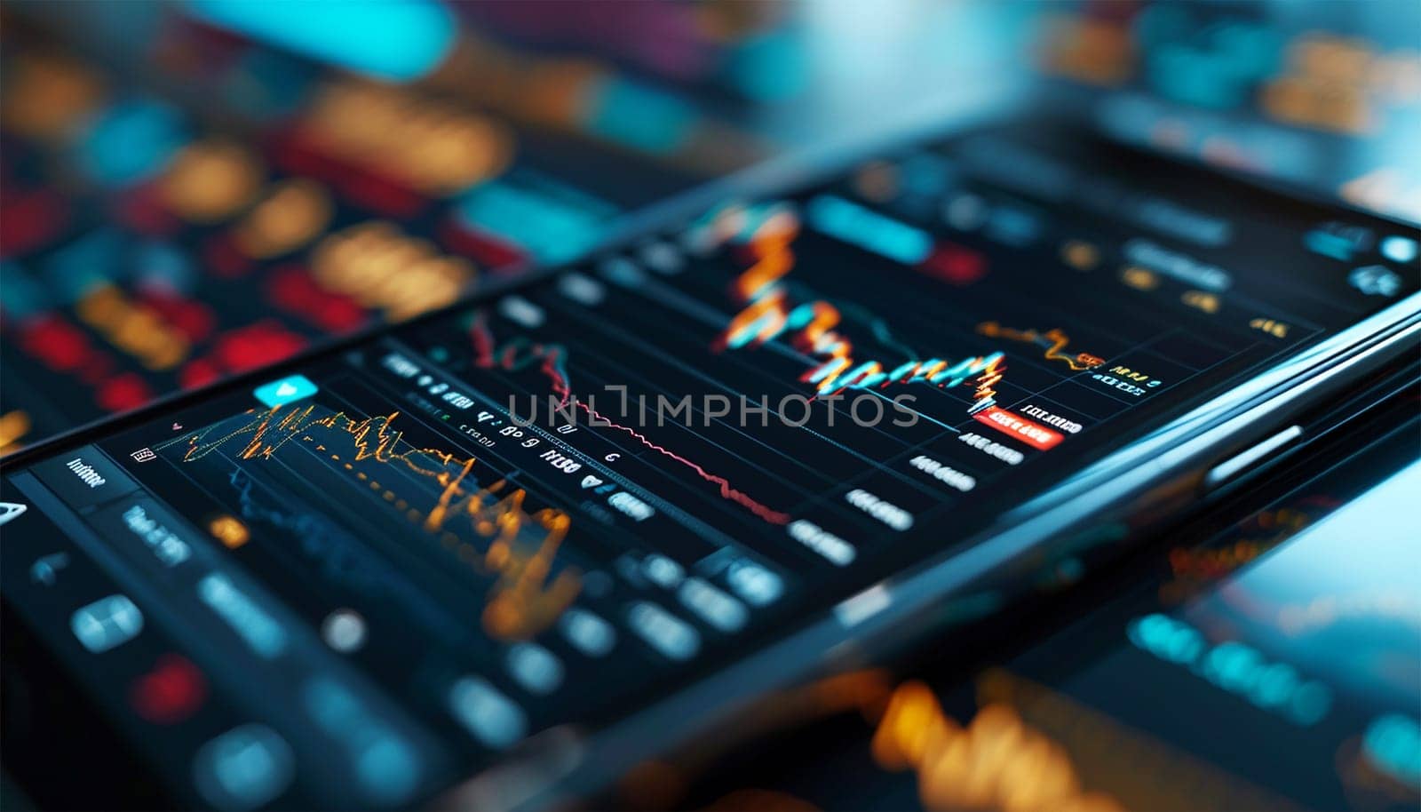 Realistic smartphone mockup. 3d candlestick chart of stock sale and buy. Market investment, online trade on mobile phone. transparent shadow, blur effect. Business application interface design. Close up