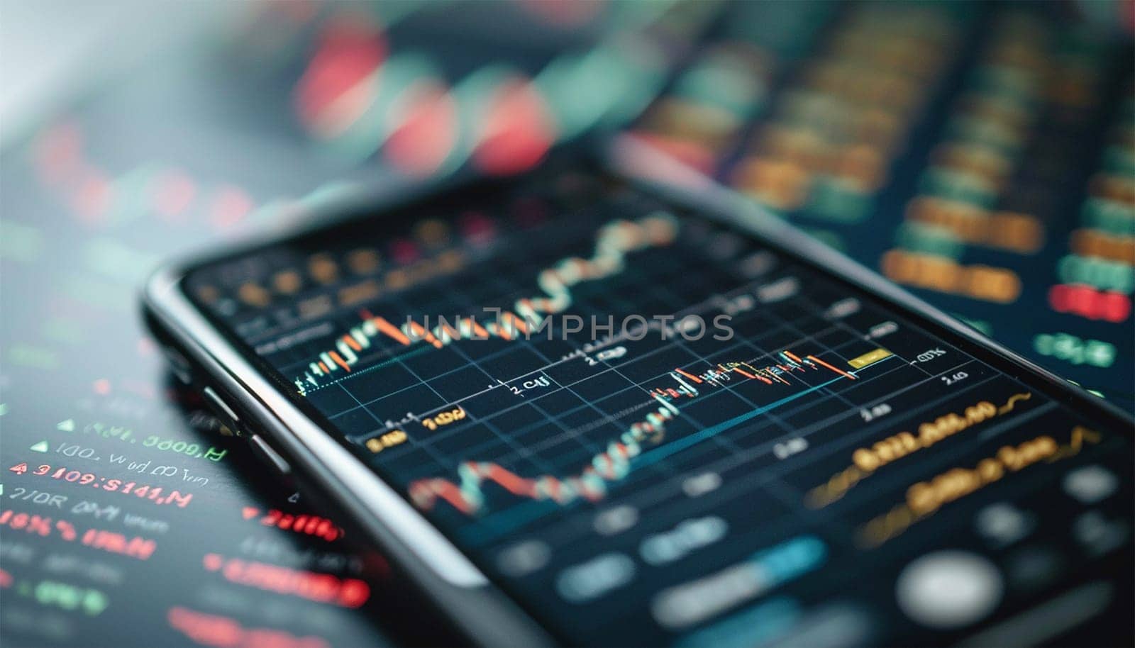 Realistic smartphone mockup. 3d candlestick chart of stock sale and buy. Market investment, online trade on mobile phone. transparent shadow, blur effect. Business application interface design. Close up