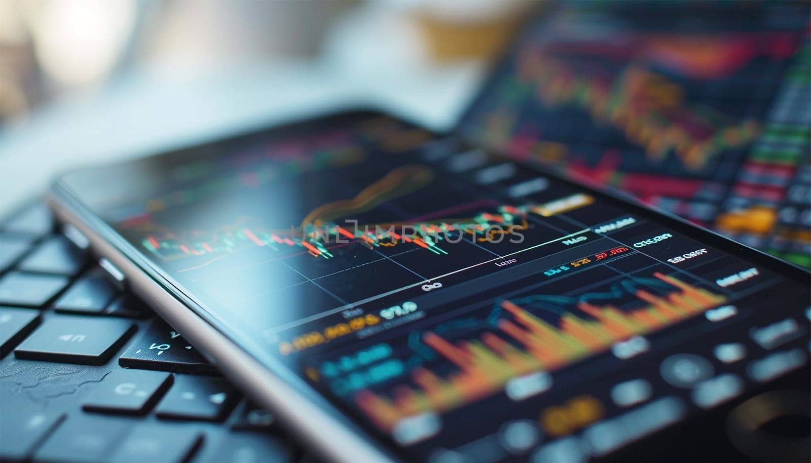 Realistic smartphone mockup. 3d candlestick chart of stock sale and buy. Market investment, online trade on mobile phone. transparent shadow, blur effect. Business application interface design. Close up