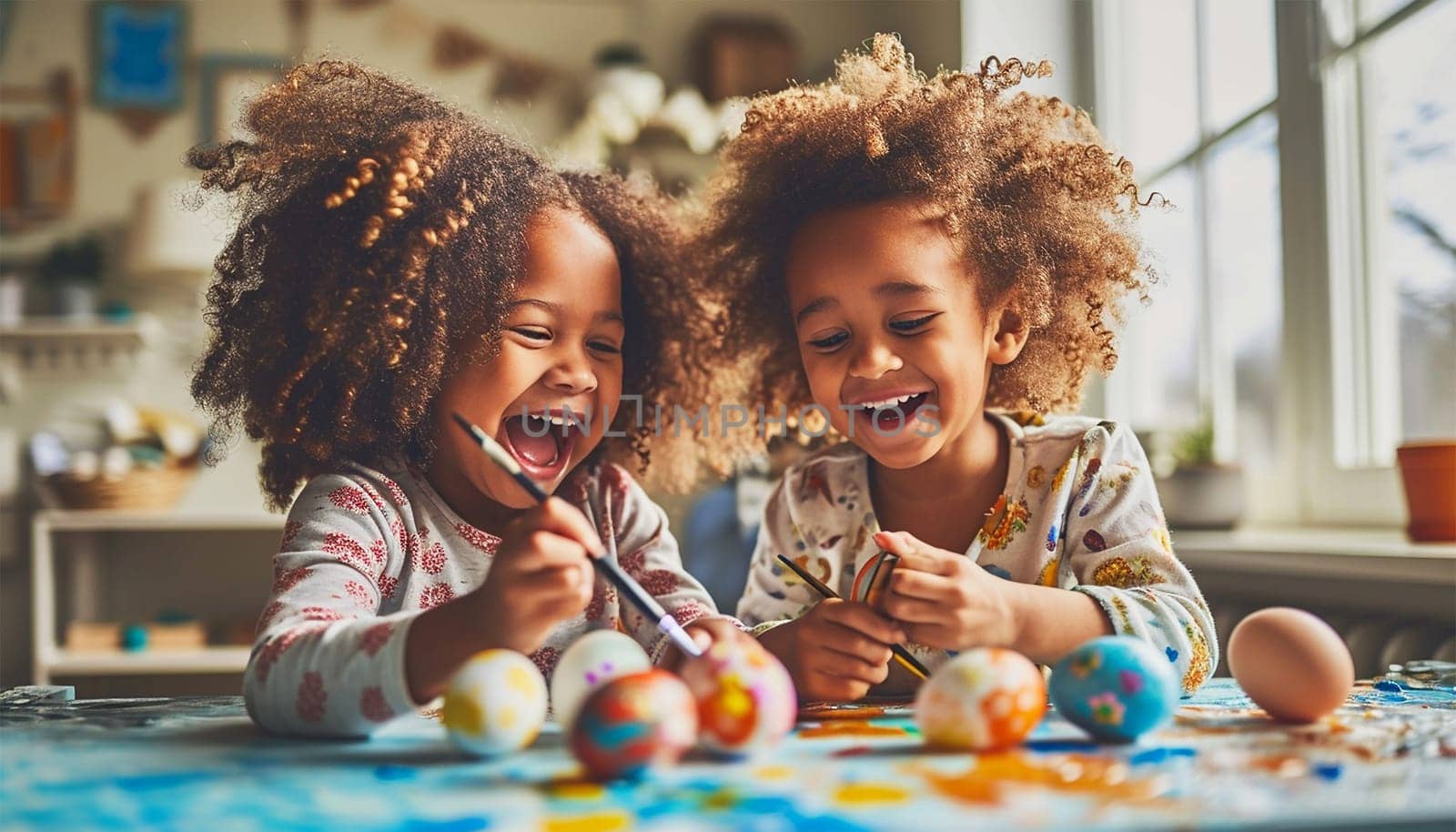 Easter Family traditions. Loving ethnic young child happy little kid soon to dye and decorate eggs with paints for Easter holidays while sitting at kitchen table and having fun. African American child Happy Easter Holiday portrait