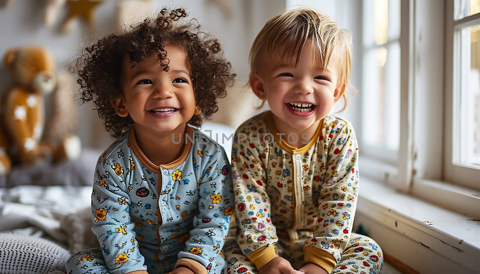 Children's pajama party. Multiracial kids in colorful pajamas having fun on slumber party. Cute friends children playful together happy