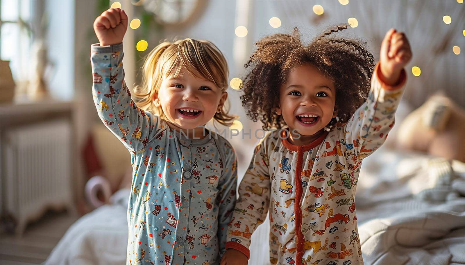 Children's pajama party. Multiracial kids in colorful pajamas having fun on slumber party. Cute friends children playful together happy