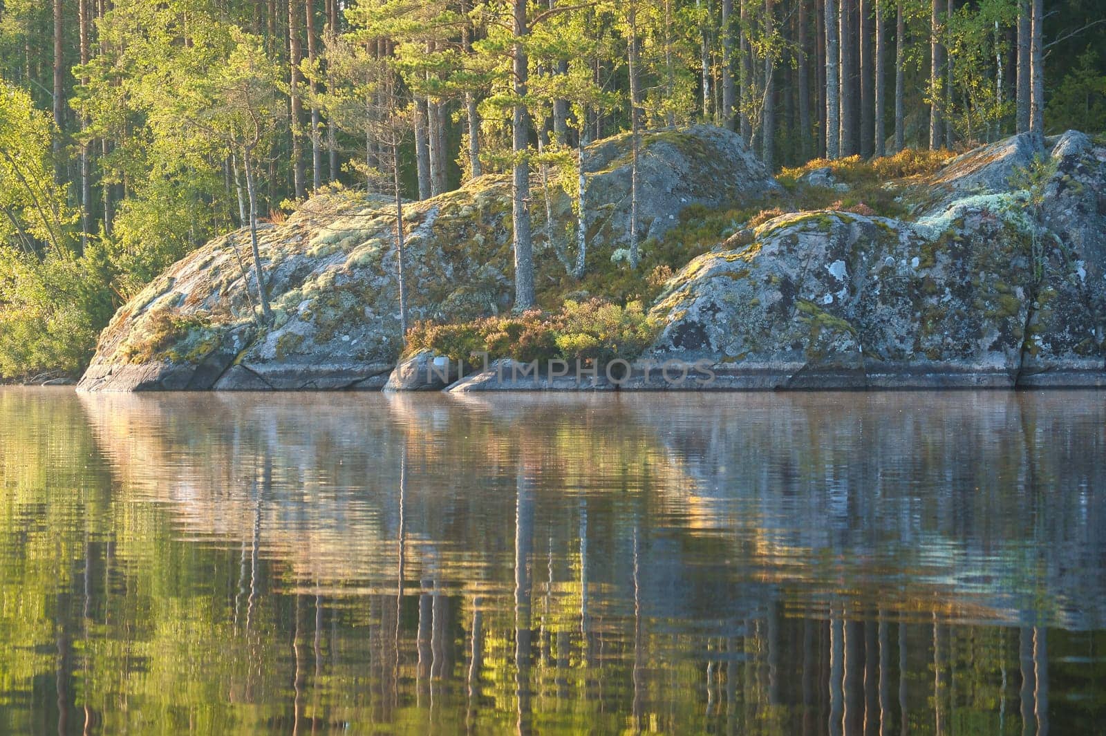 on a lake in Sweden in Smalland. Rock in foreground, blue water, sunny sky, green forests. Relaxation and silence on vacation