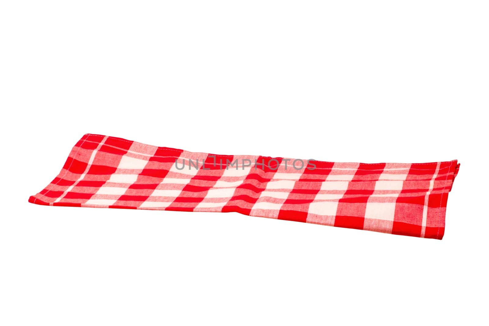 Red and white checkered napkin or tablecloth texture isolated on white background. Clipping path. Backdrop for your product placement or montage. Kitchen accessories.