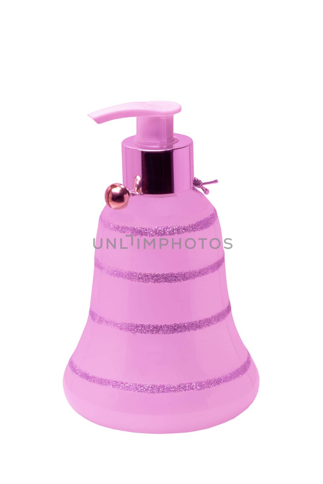 Pink glass bottle dispender with liquid soap isolated on white background. Clipping path. Shampoo bottle for bathroom. Skin care lotion.