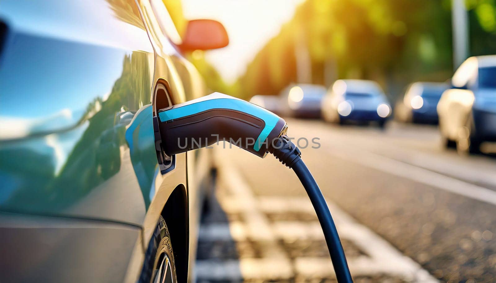 Charging an electric car in the city, closeup of a charging cable. AI generated