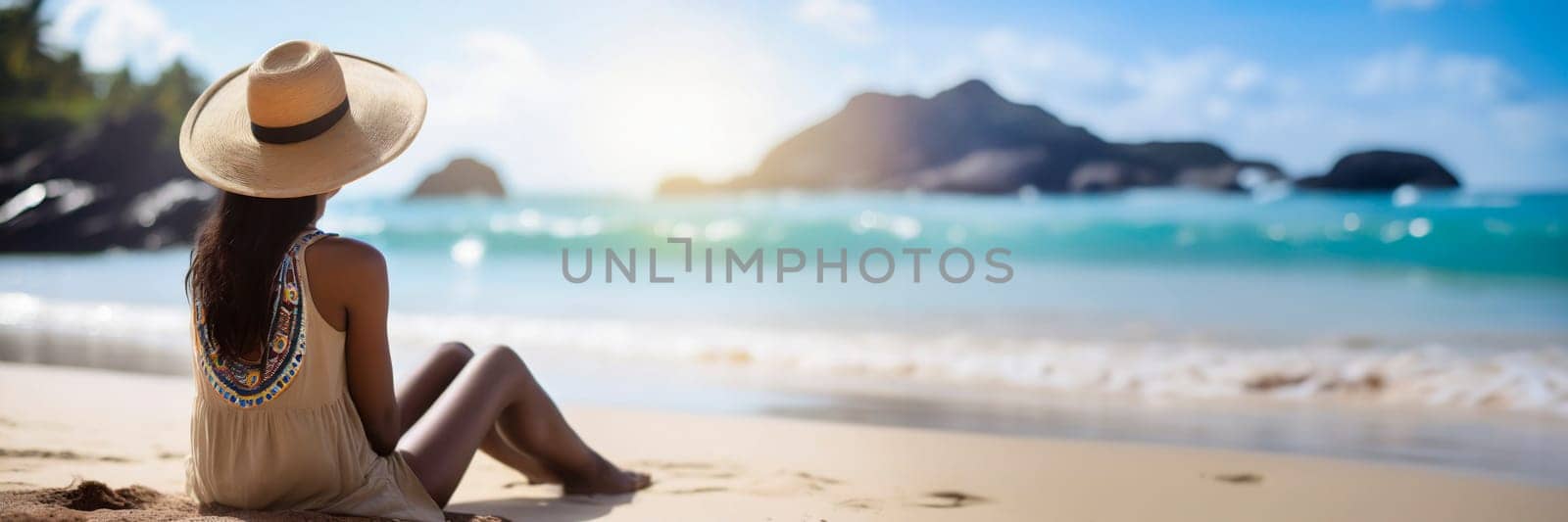 Young woman in dress and hat on sunny tropical beach. panoramic banner with copy space. AI generated