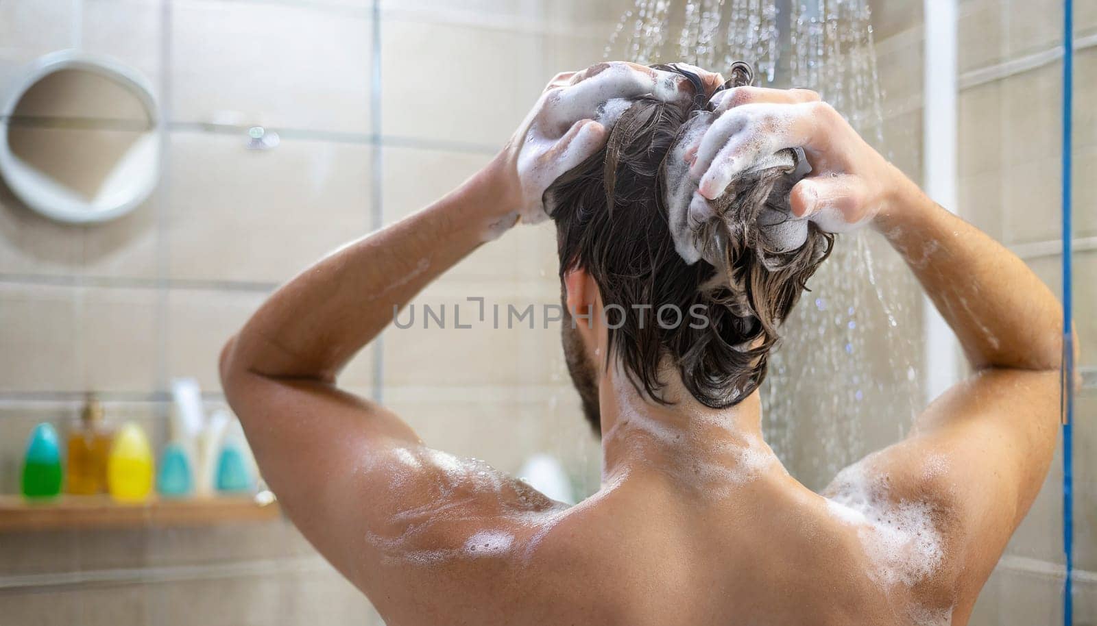 Man washing his hair in the shower, close-up, rear view. AI generated