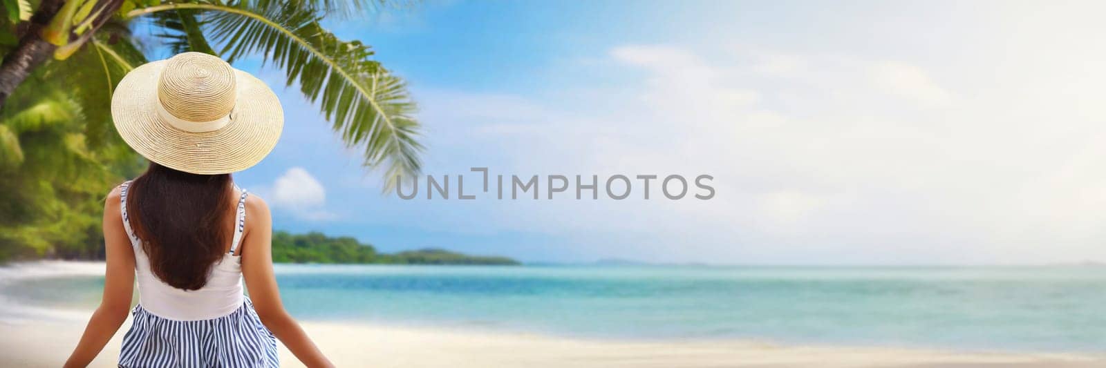 Young woman in dress and hat on sunny tropical beach. panoramic banner with copy space. AI generated