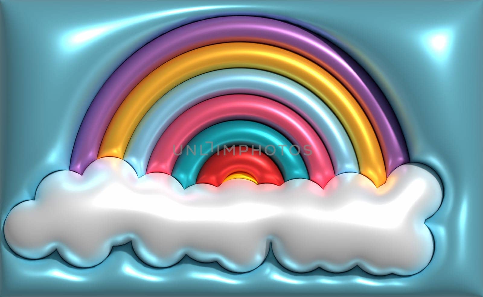 Blue background with rainbow and clouds, 3D rendering illustration