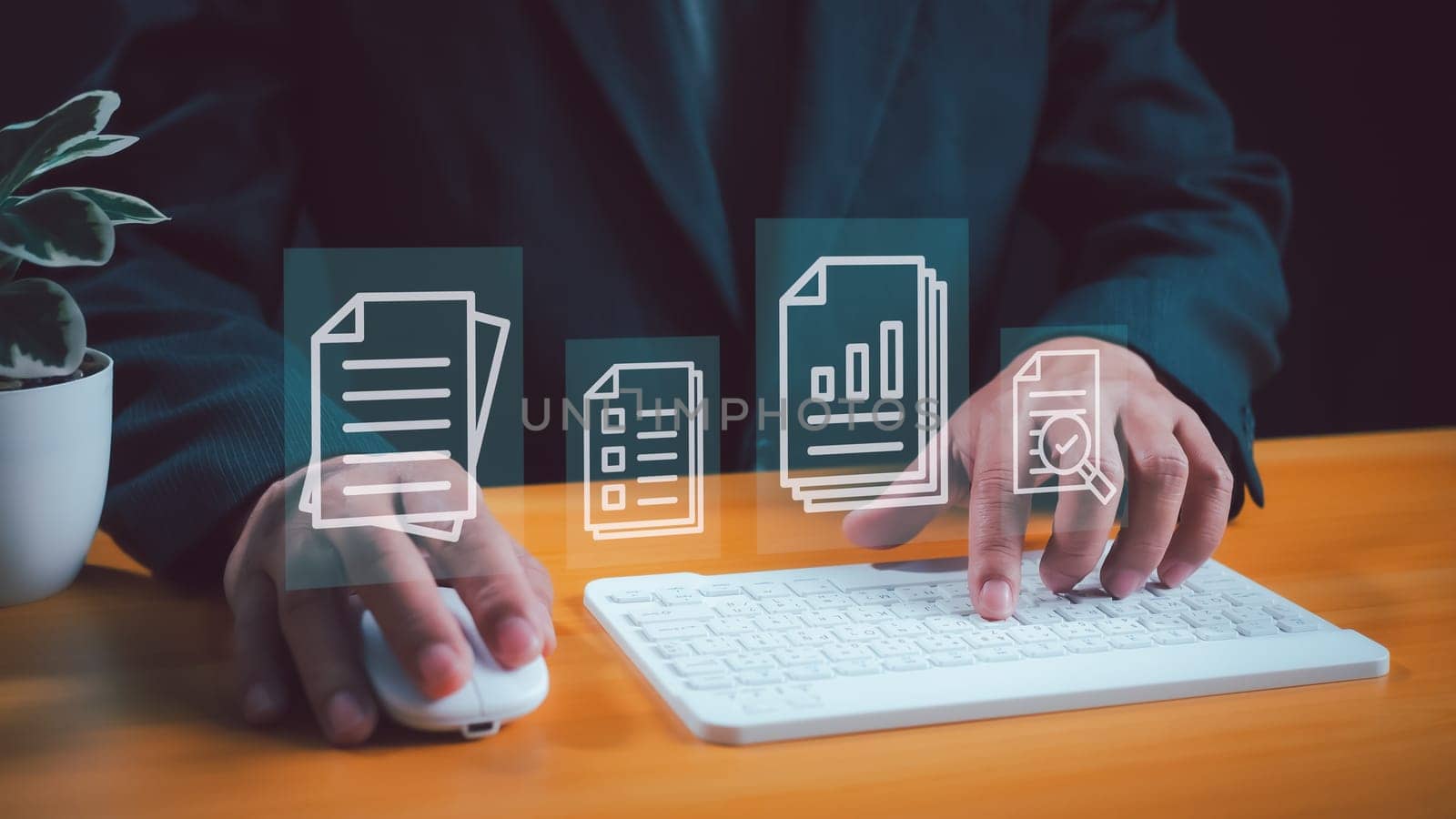 Folder document Management System DMS Open File folder with flying blank documents with computer. Data transfer backup, File Sharing, Document Transferring concept. searching and managing files. Big data concept.