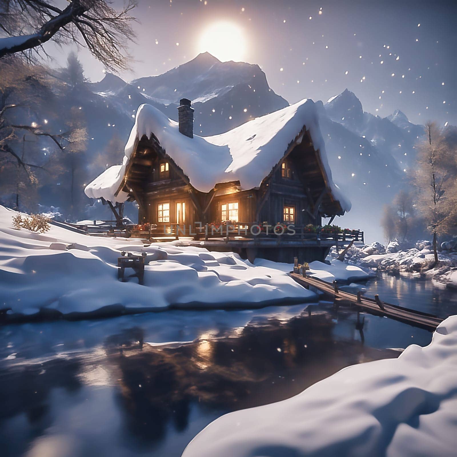 Winter landscape with snow-covered trees on a frozen river in front of snow-covered mountains. AI generated image