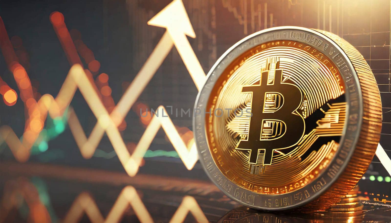 Golden bitcoin on golden background. Cryptocurrency concept. 3D illustration. AI generated