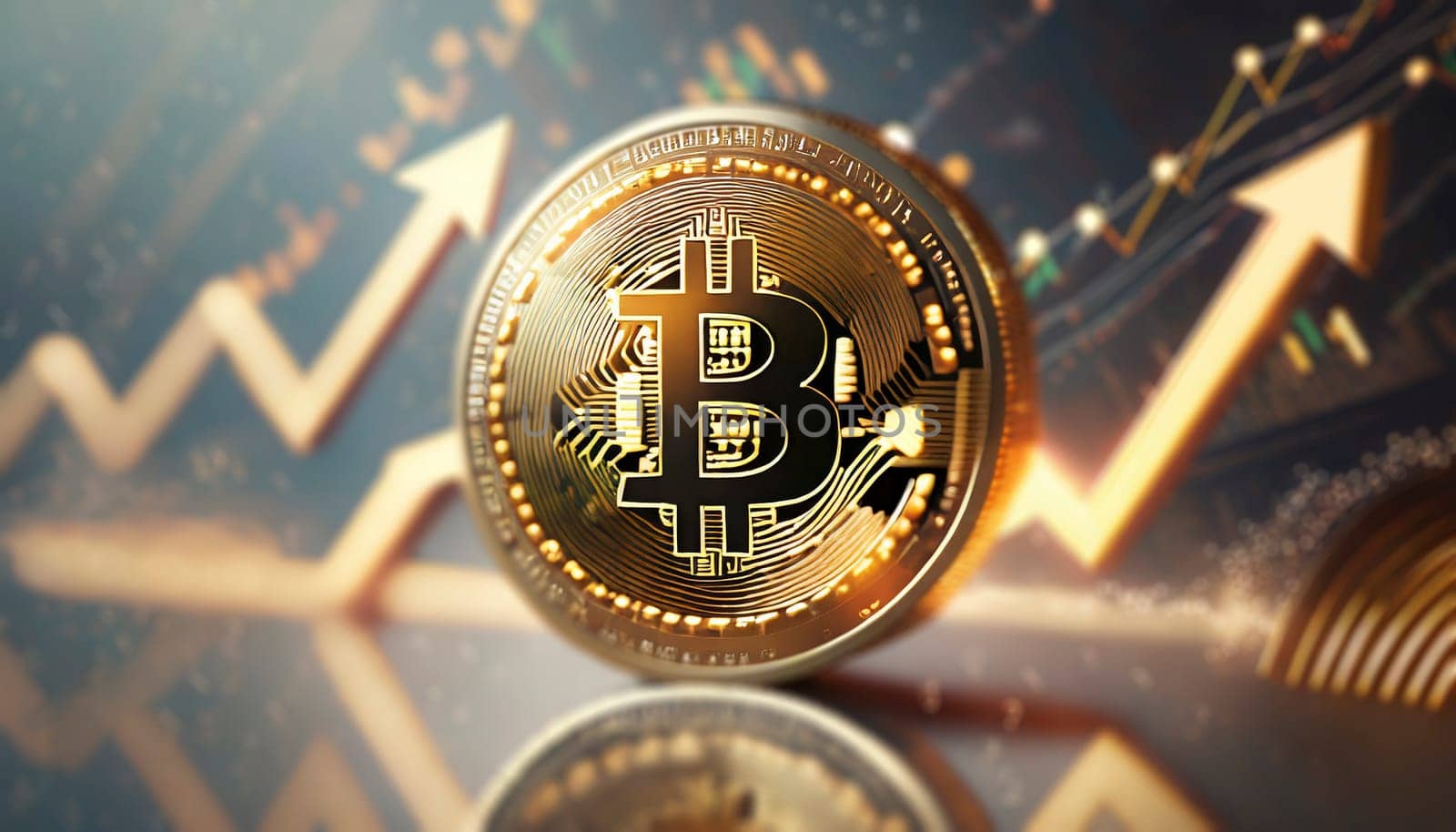 Golden bitcoin on golden background. Cryptocurrency concept. 3D illustration. AI generated