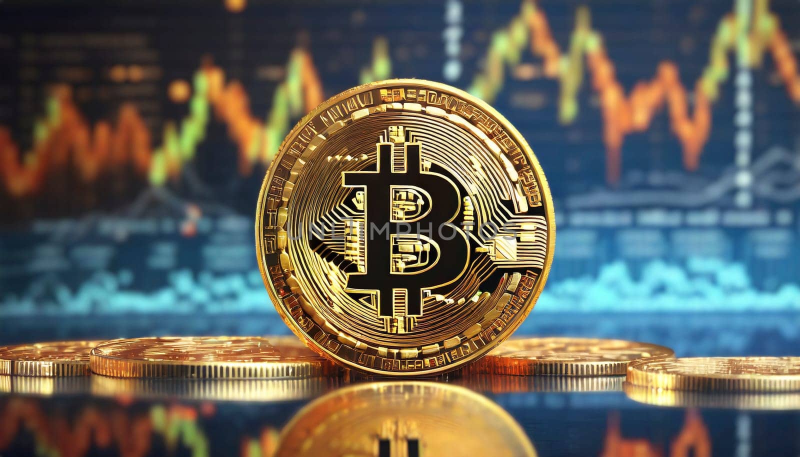 Bitcoin cryptocurrency on the background of the financial chart. 3D rendering. AI generated