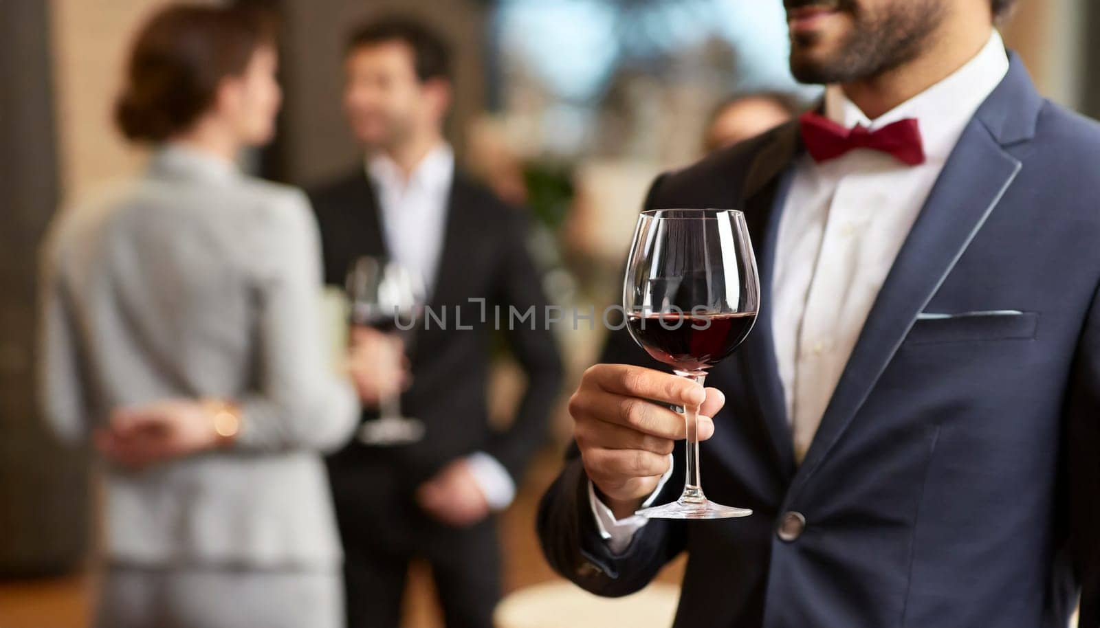 Businessman holding a glass of red wine in the office with colleagues in the background. AI generated