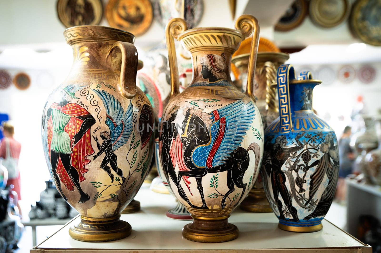 October 19 3023, Rhodes, Greece : antique greek pottery with typical design hand made