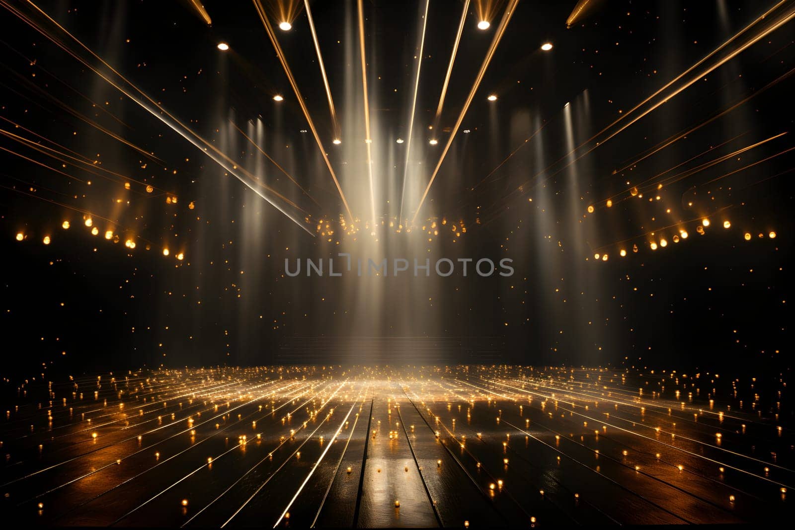 The empty performance stage had lights shining all over it. Most of the light was golden. Contrast with completely black background. The lights like beams creates exciting and impressive atmosphere.