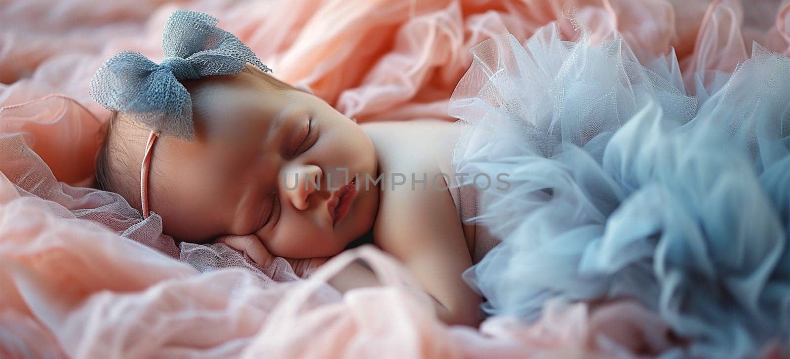 A newborn baby wearing a pastel headband and a tulle tutu.Close-up portrait of a child. Newborn baby lifestyle concept
