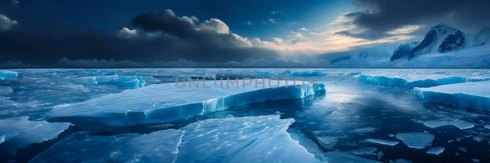 Beautiful winter landscape with icebergs and mountains in Antarctica. AI generated