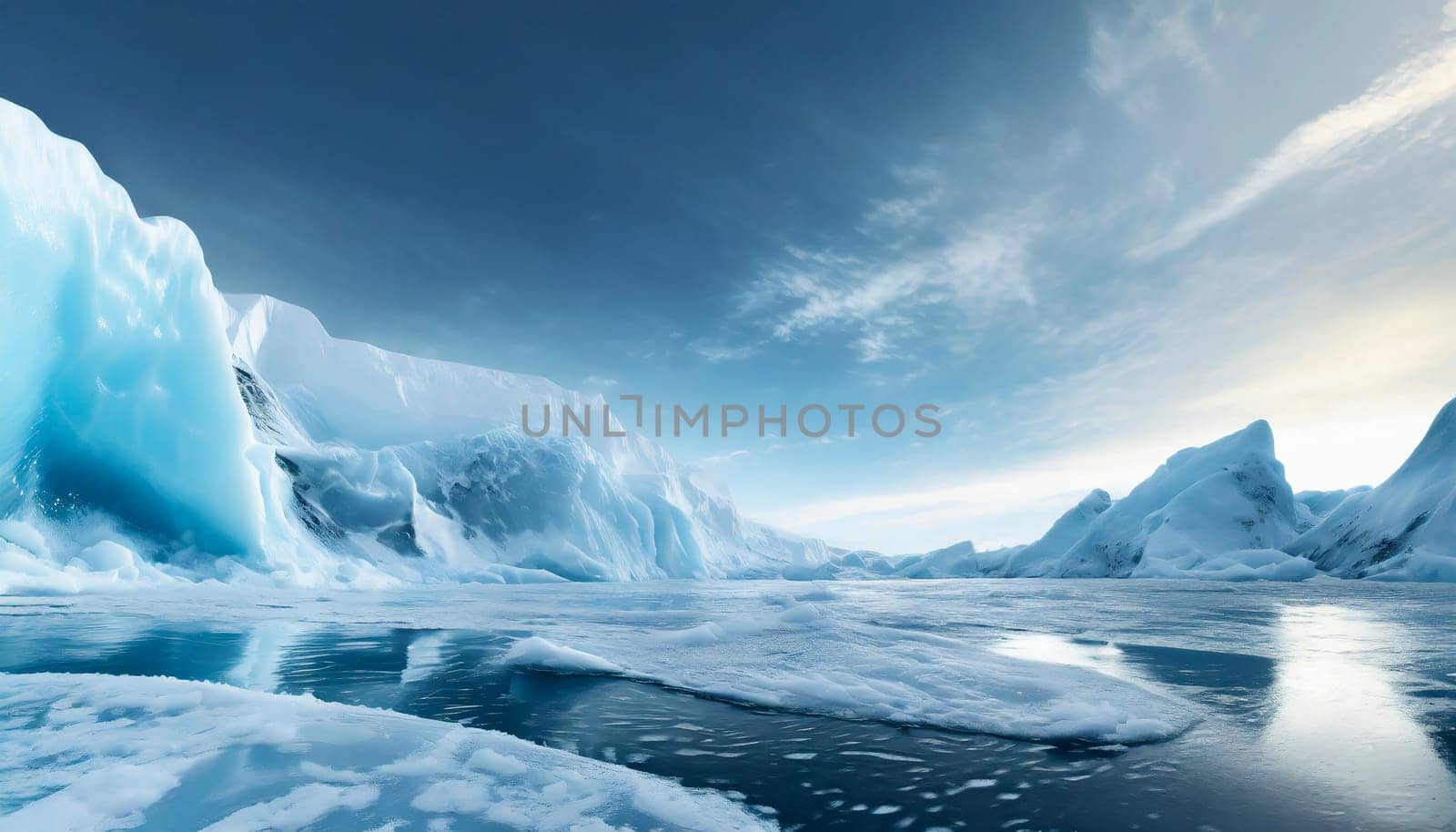 Beautiful winter landscape with icebergs and mountains in Antarctica. AI generated