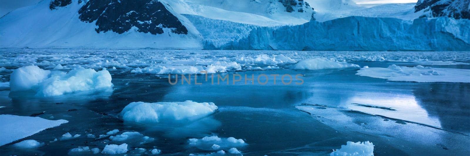 Beautiful winter landscape with icebergs and mountains in Antarctica. AI generated