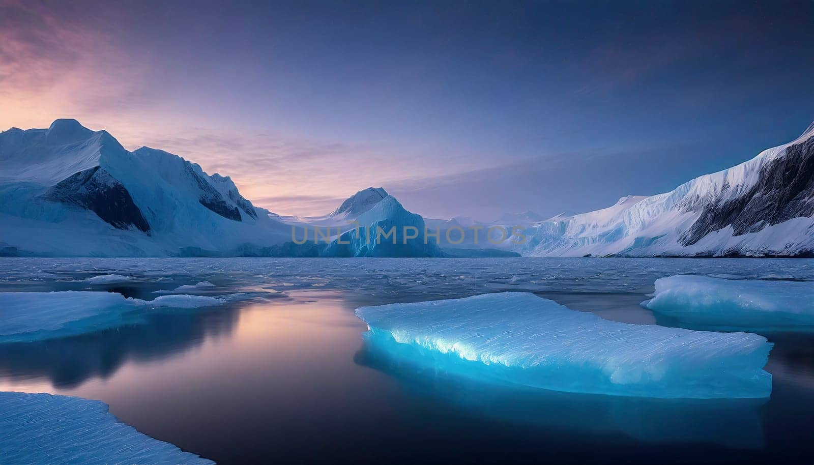 Beautiful winter landscape with icebergs and mountains in Antarctica. AI generated