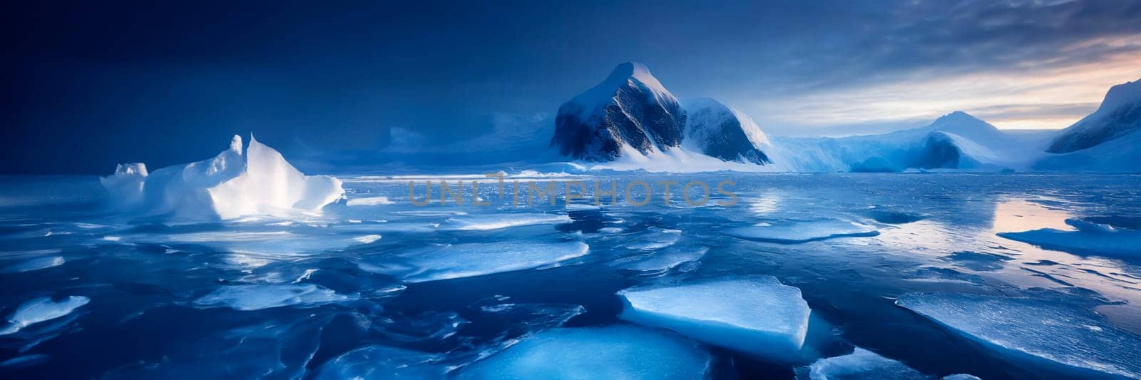 Beautiful winter landscape with icebergs and mountains in Antarctica. AI generated