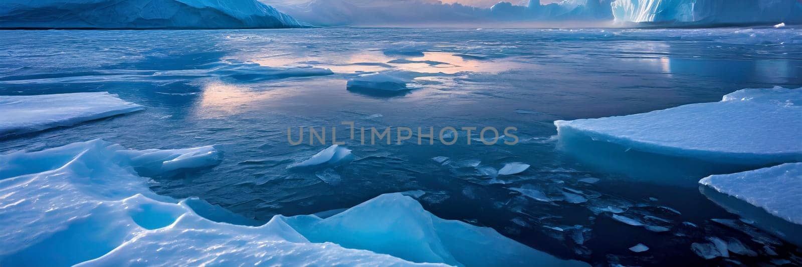 Beautiful winter landscape with icebergs and mountains in Antarctica. AI generated