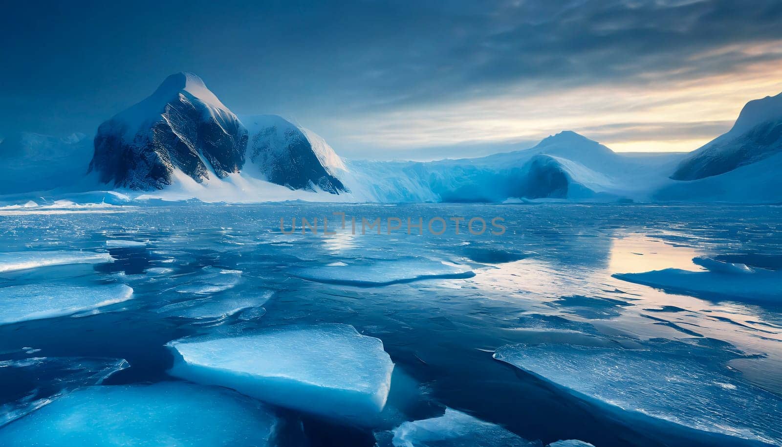 Beautiful winter landscape with icebergs and mountains in Antarctica. AI generated