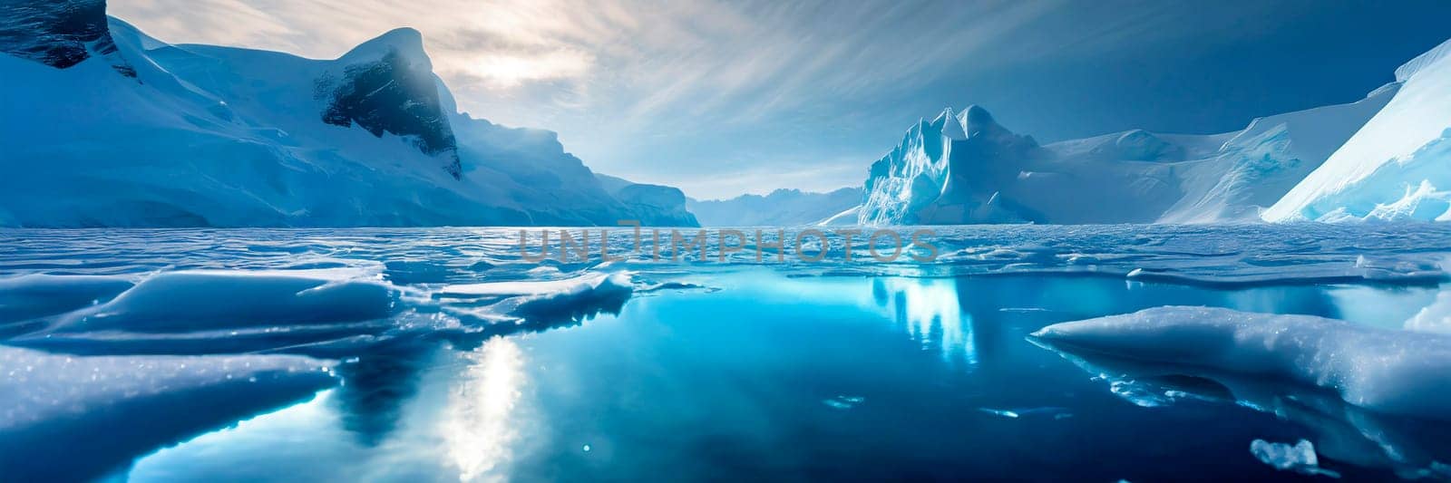 Beautiful winter landscape with icebergs and mountains in Antarctica. AI generated