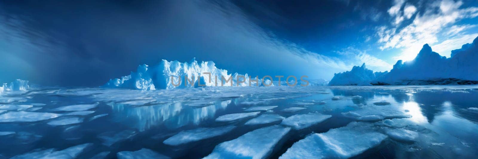 Beautiful winter landscape with icebergs and mountains in Antarctica. AI generated