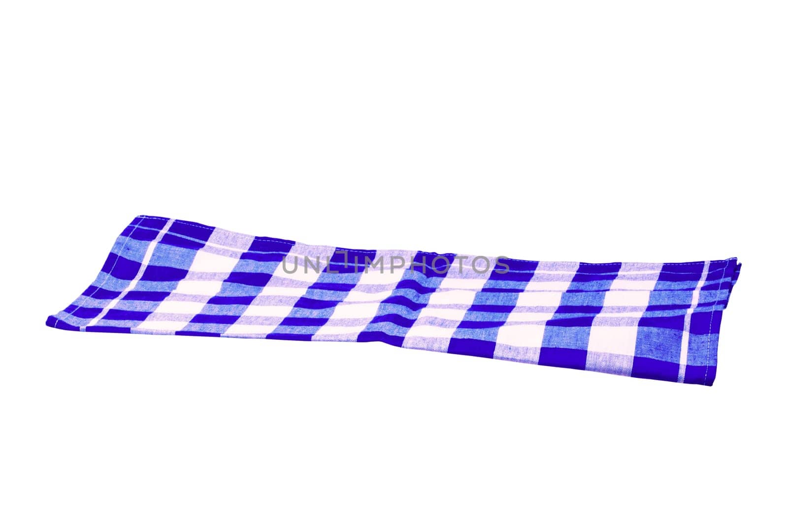 Blue and white checkered napkin or tablecloth texture isolated on white background. Clipping path. Backdrop for your product placement or montage. Kitchen accessories.