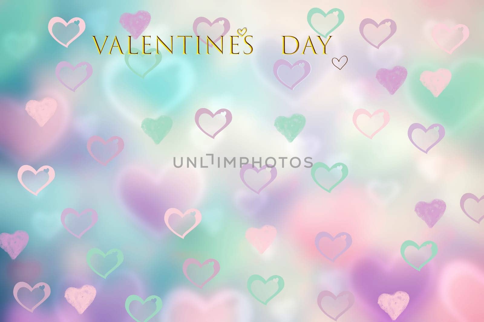 Happy valentines day card. Abstract festive composition of love bokeh colorful hearts background texture with Valentine day text. Present, banner or poster design.