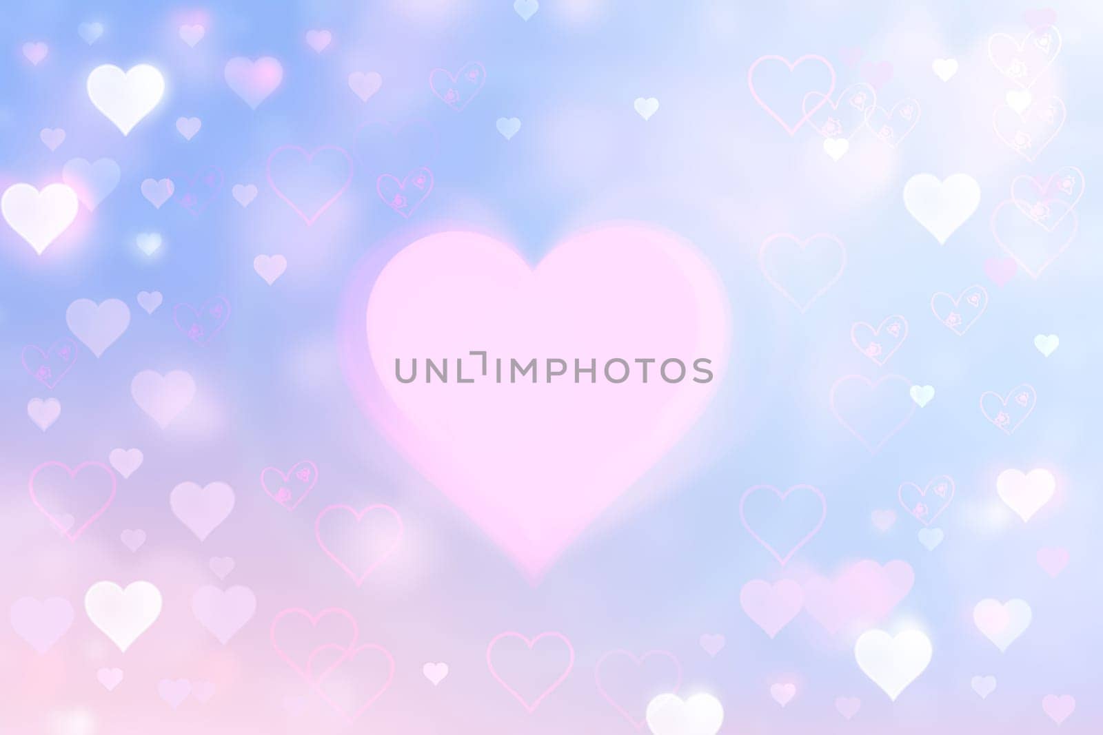 Valentines or mothers day card template. Abstract delicate romantic illustrated pink gradient blue background texture with pink and white bokeh hearts. Beautiful backdrop.