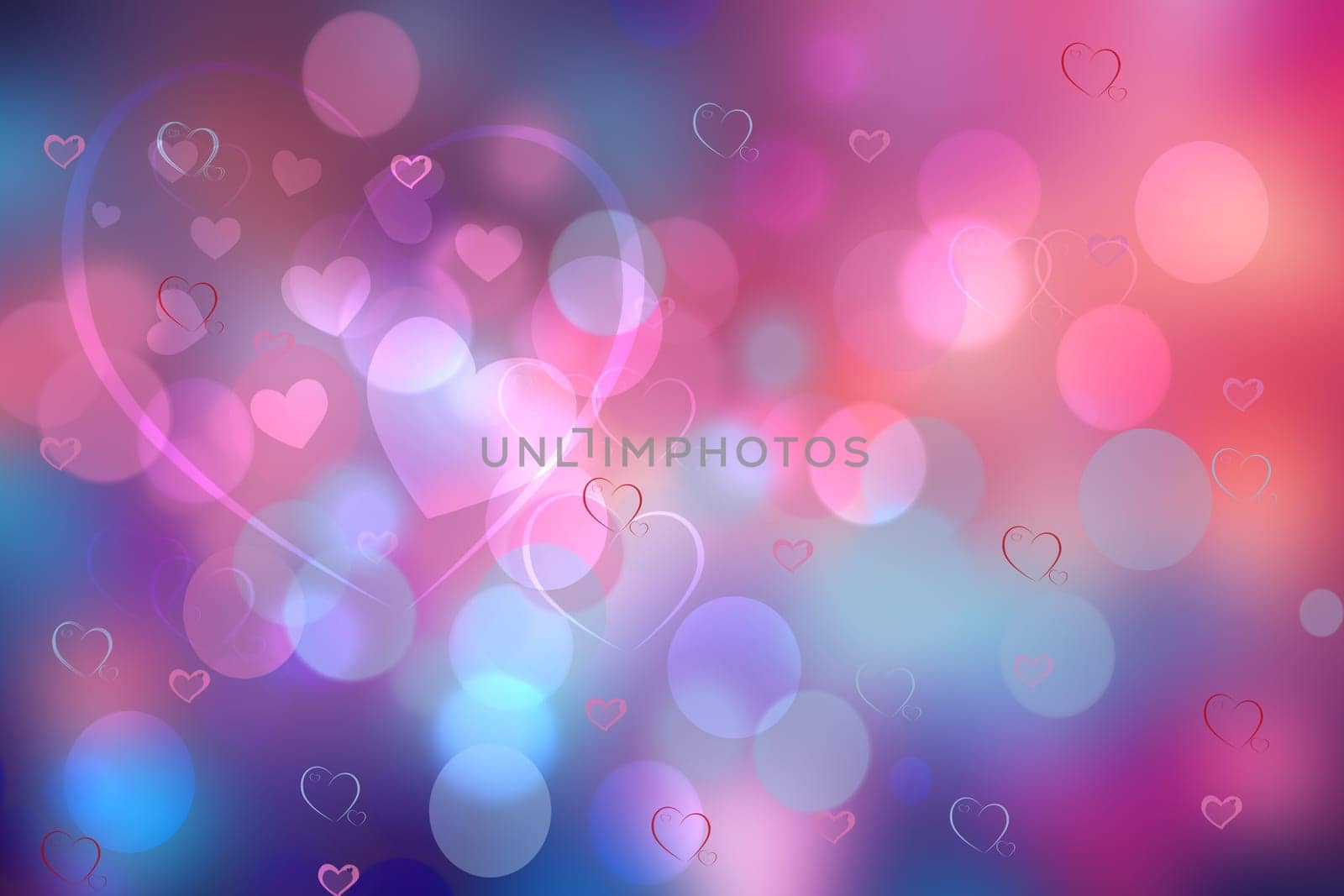 Abstract festive blurred red blue pink magenta background with light bokeh hearts for wedding card or Valentine day.  Romantic textured backdrop with space Card concept.
