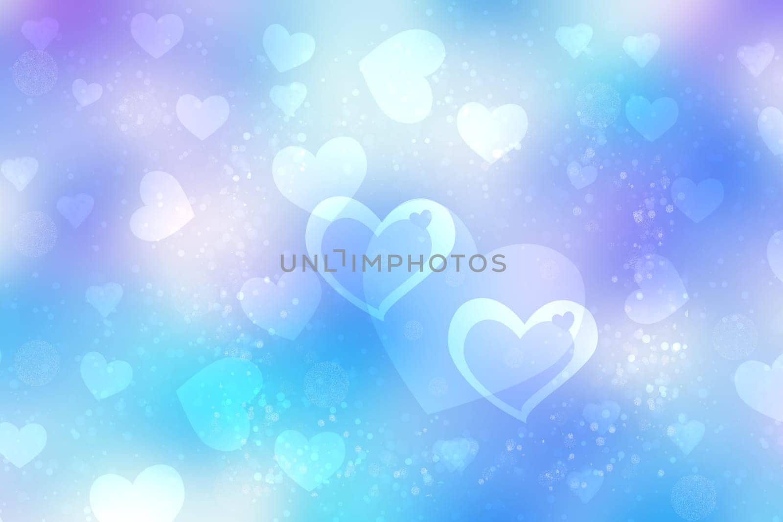 Valentines or mothers day card template. Abstract delicate romantic illustrated pink gradient blue background texture with pink and white bokeh hearts. Beautiful backdrop.