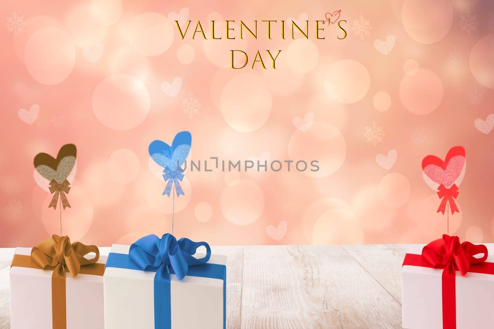 Happy Valentine's day illustration with several colored gift boxes with ribbons and bows on a bright wooden table over blurred hearts background. Card with space.